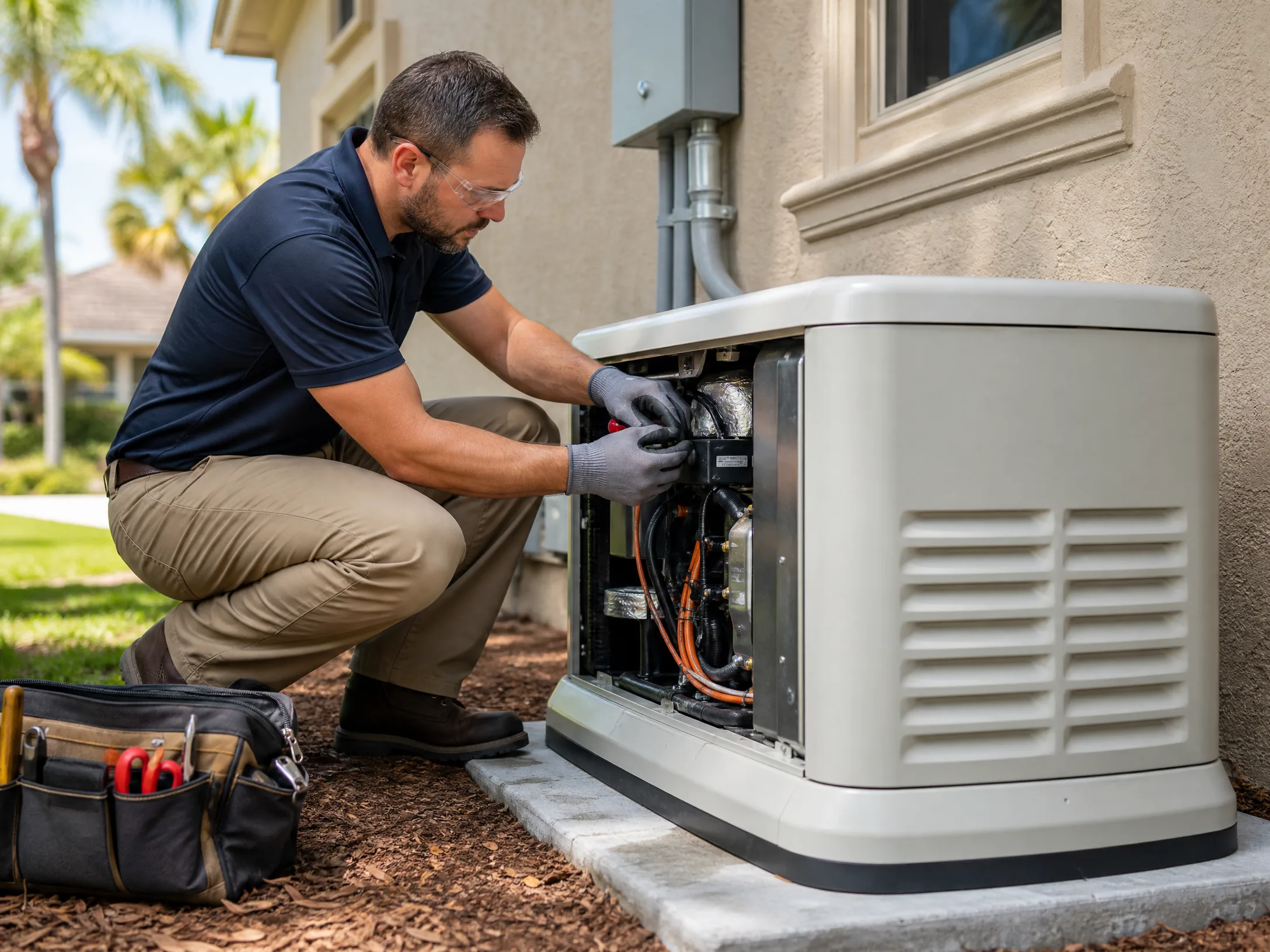 Technician inspecting a residential standby generator beside a Florida home